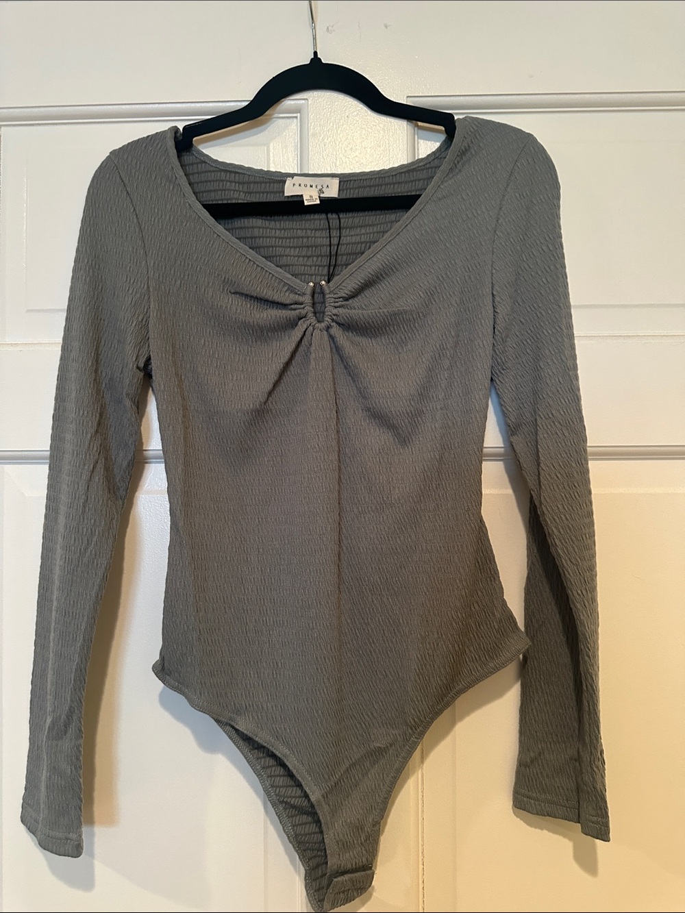 Promesa Gray Ribbed Long-Sleeve Twist-Ring Bodysuit
